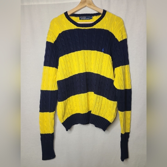 POLO RALPH LAUREN cable knit yellow and navy sweater Size XL womens - Picture 2 of 4